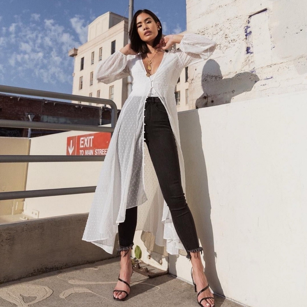 Express X Rocky Barnes Sheer White Polka Dot Kimono